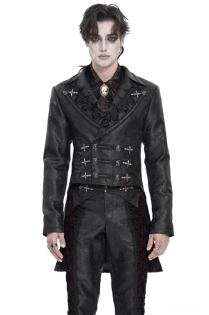 Black gothic tailcoat jacket with cross buckles worn by male model - front full body view showcasing structured design and embroidered lapels