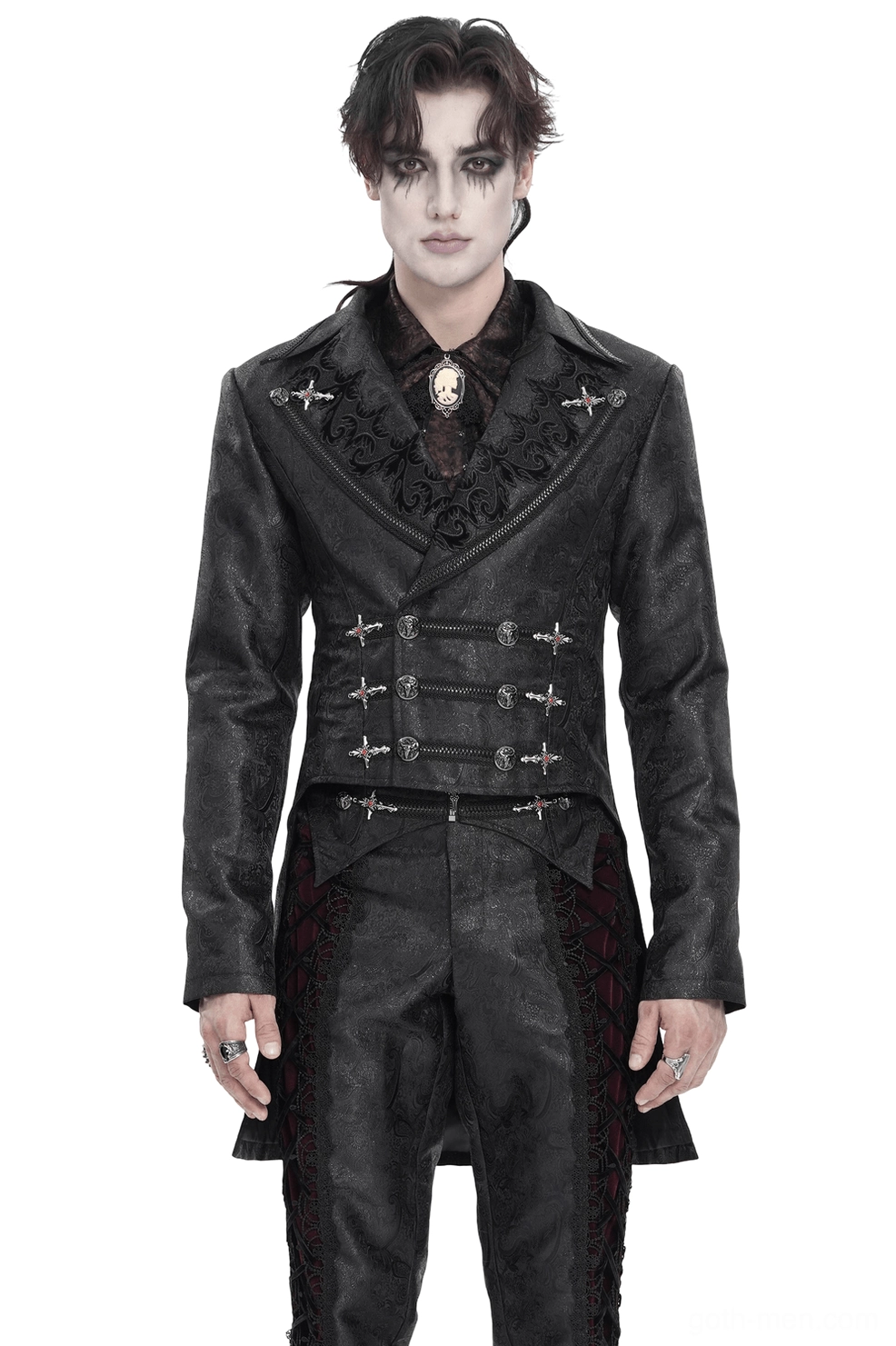 Black gothic tailcoat jacket with cross buckles worn by male model - front full body view showcasing structured design and embroidered lapels
