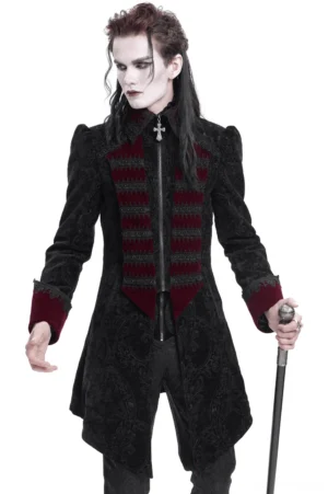 Men's gothic velvet tailcoat with cross collar front view on male model - black and wine red brocade jacket