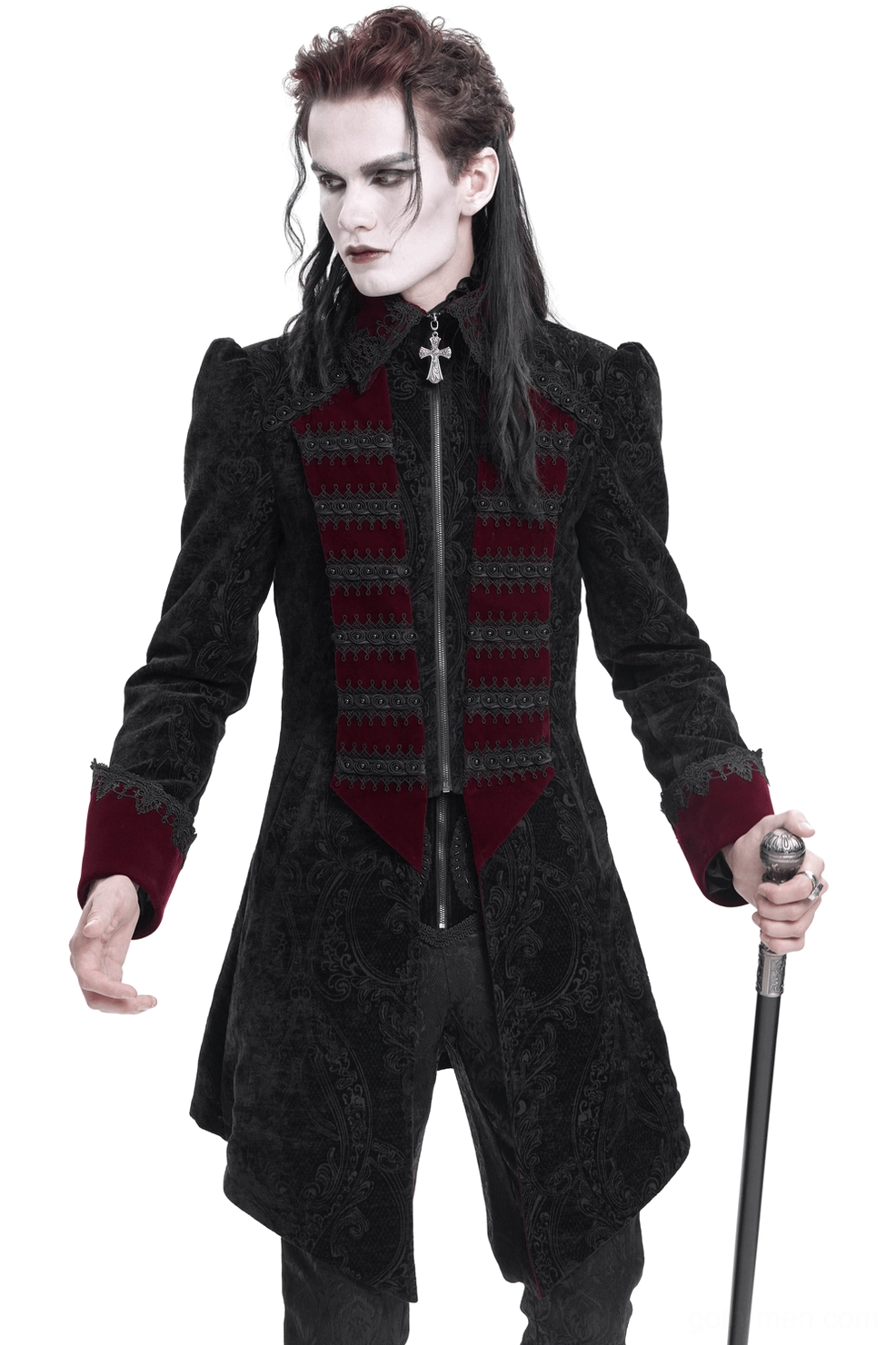Men's gothic velvet tailcoat with cross collar front view on male model - black and wine red brocade jacket