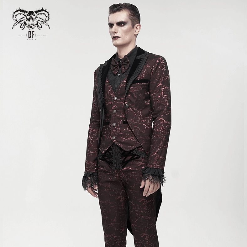 Wine red gothic tailcoat cuff detail showcasing black lace and structured tailoring craftsmanship