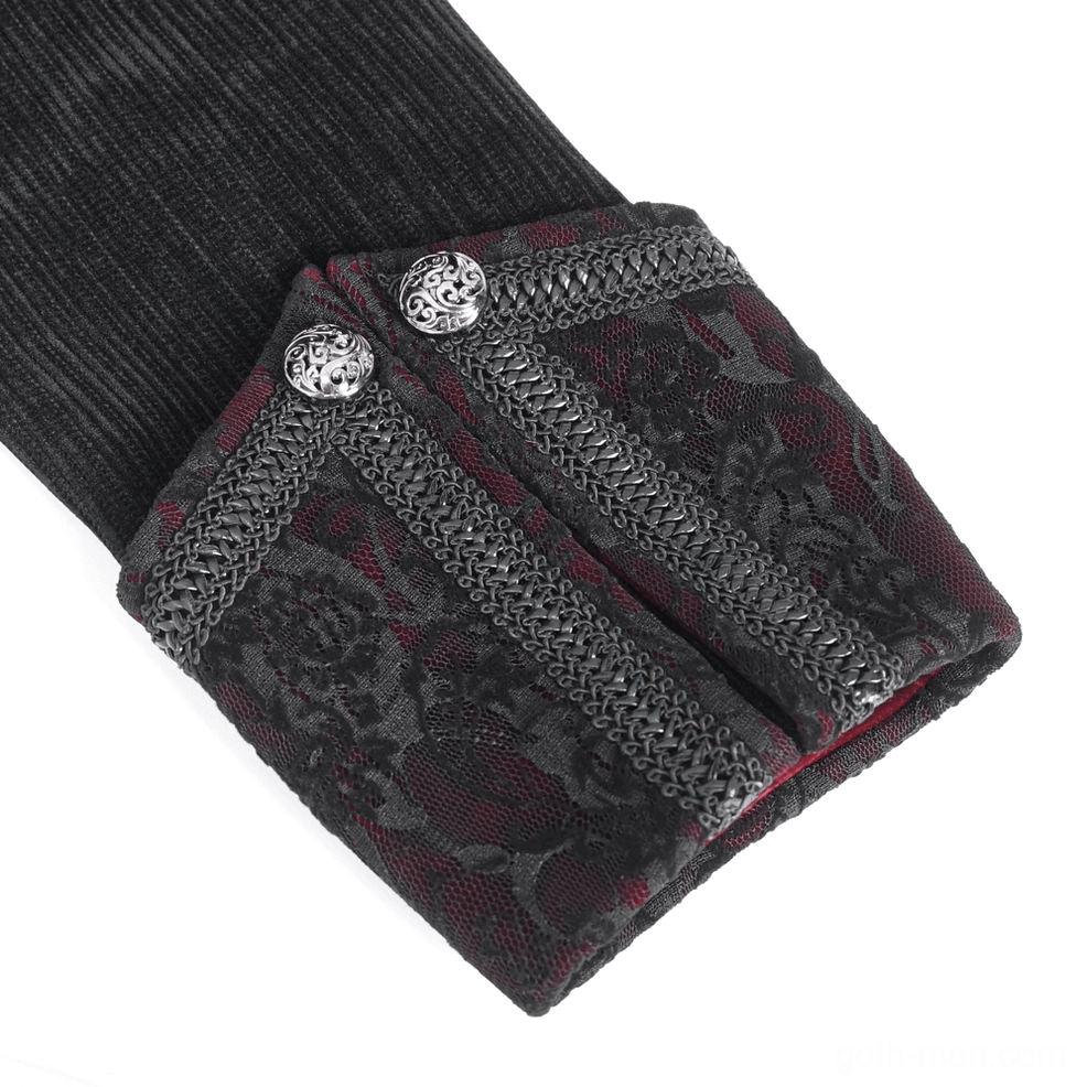 Tailcoat cuff detail showing lace embroidery, ornate metal buttons, and burgundy lining