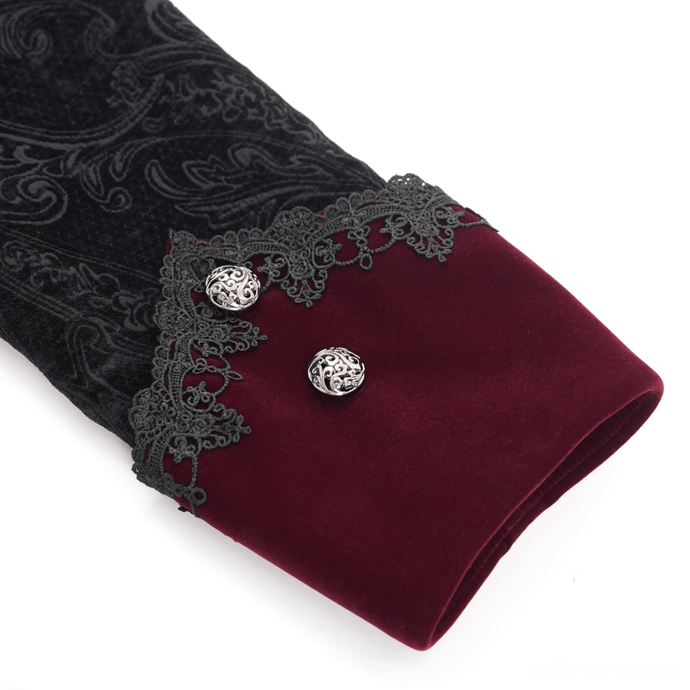 Gothic tailcoat cuff detail featuring metal buttons, lace trim, and wine red velvet edging
