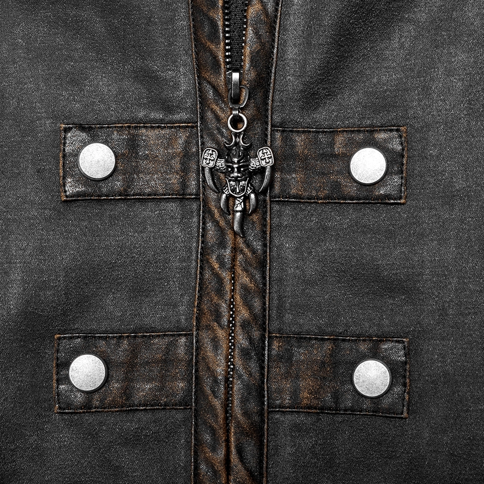 Distressed gothic tailcoat fabric detail showing two-tone gray-coffee distressed finish, fine-grained woven texture, and worn vintage aesthetic
