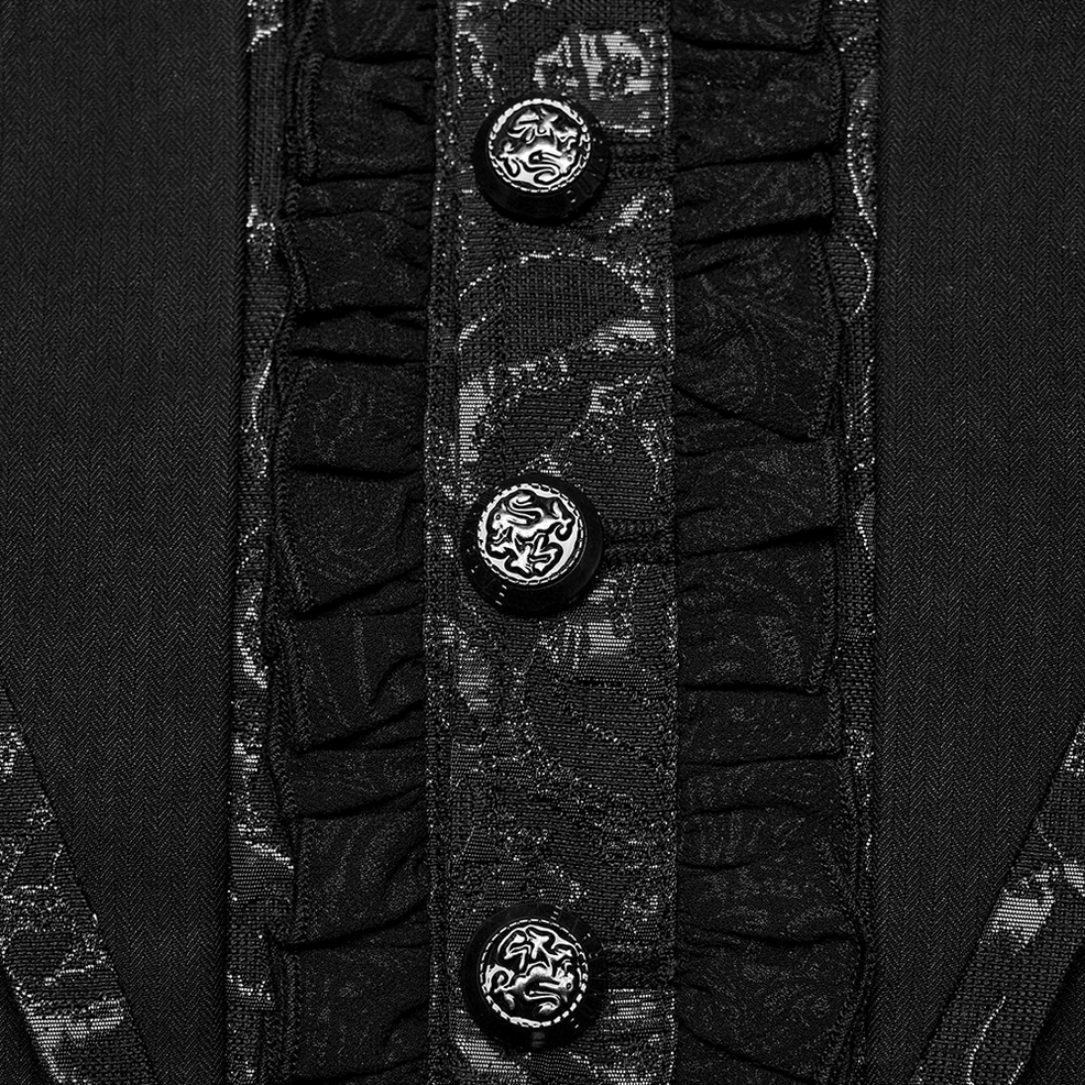 Embossed metal button and patterned lace trim detail on black Victorian gothic tailcoat