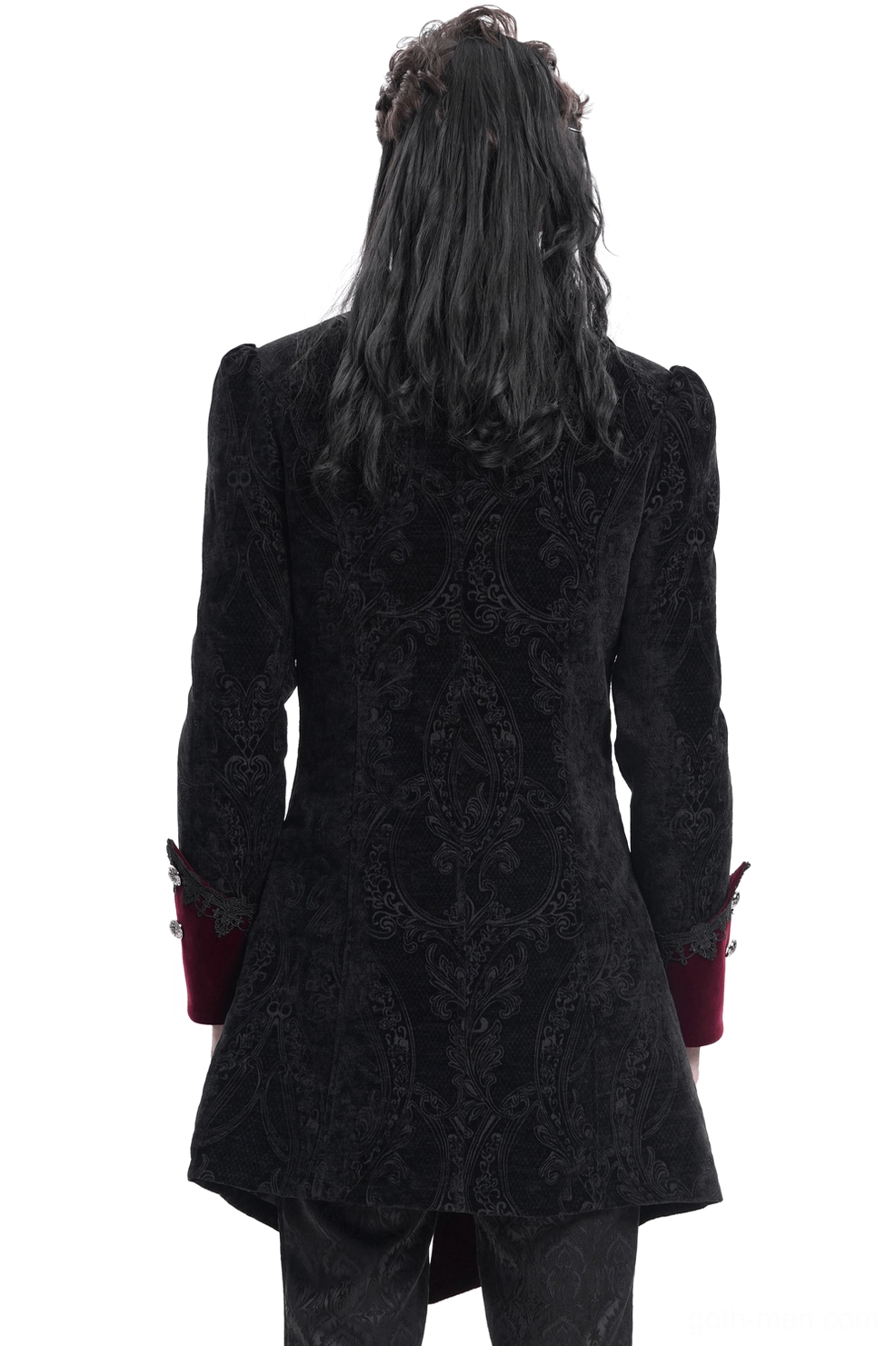 Gothic tailcoat back view displaying embossed paisley brocade pattern - long hem design on model with long hair