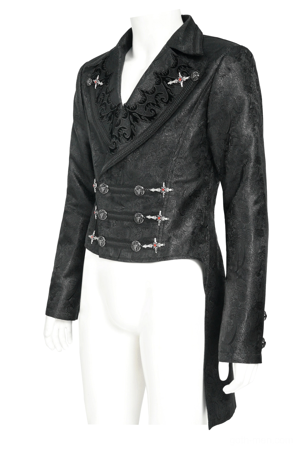Black gothic tailcoat on mannequin - side 3/4 angle showing embroidered lapel detail and asymmetrical tailcoat hem