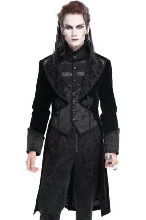 Black velvet Gothic Victorian tailcoat with embroidered scroll lapels, faux waistcoat detail, and split tail hem - front full body view on male model