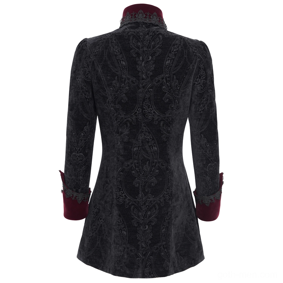 Back view of gothic tailcoat on mannequin displaying extended hem and embossed paisley pattern