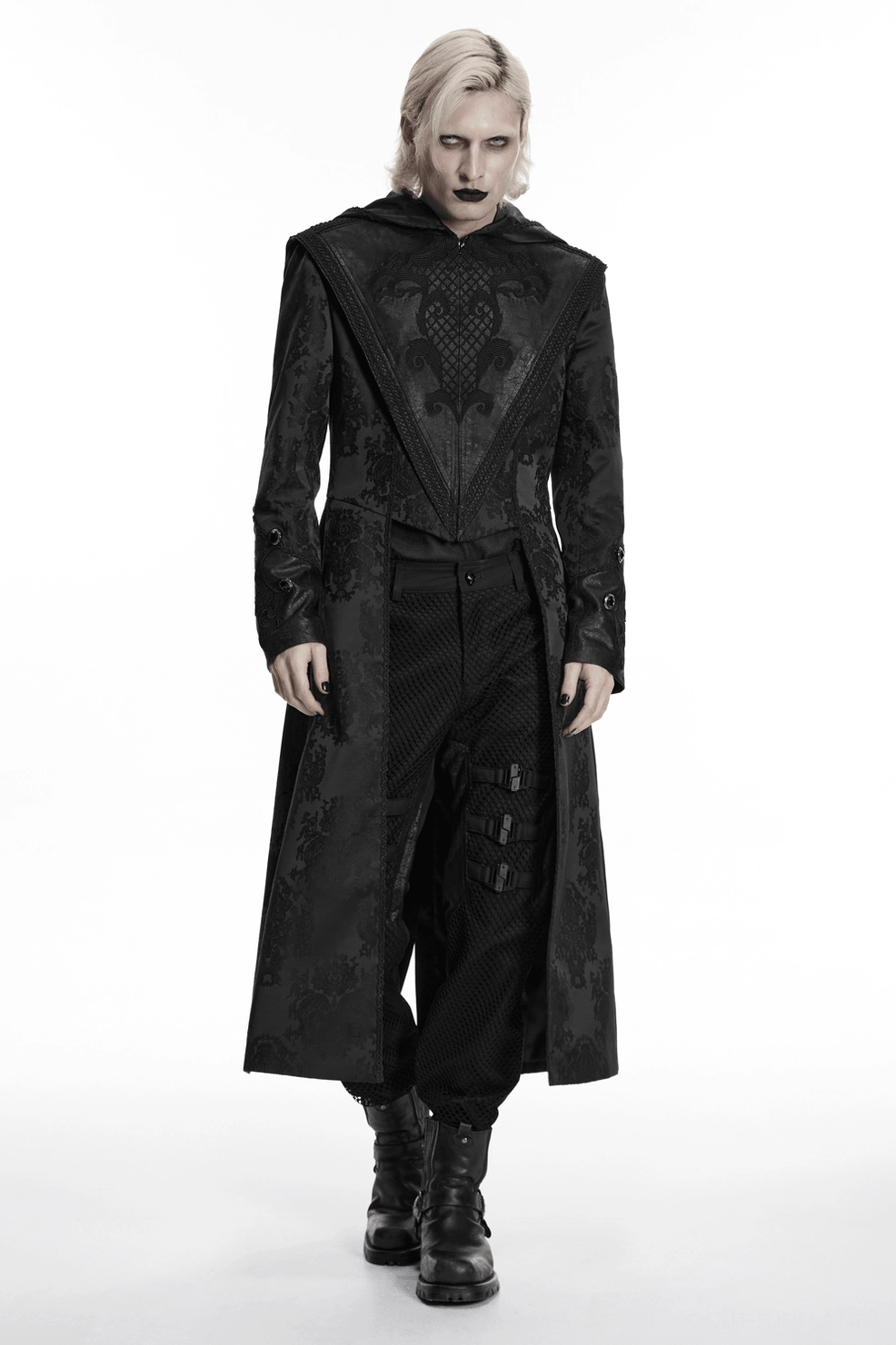 Full length gothic jacquard tailcoat for men displaying extended hem and theatrical design elements