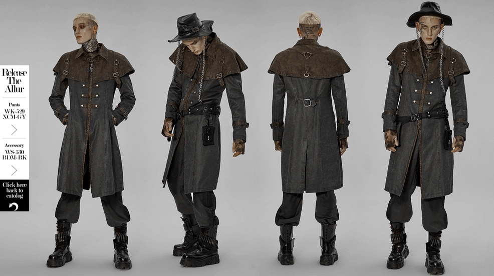 Distressed gothic tailcoat size comparison and fit demonstration showing tailored cut proportions across different sizing options