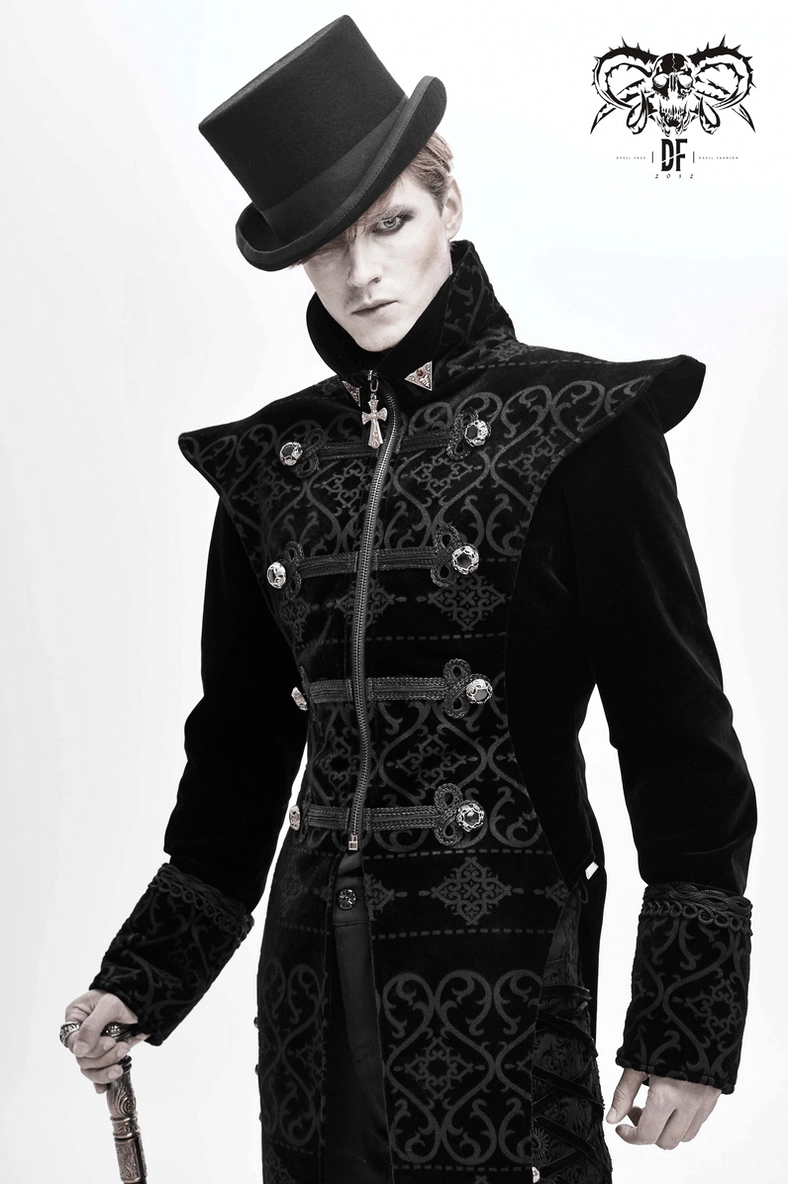 Black gothic tailcoat fitted silhouette and fabric weave quality detail showing polyester construction