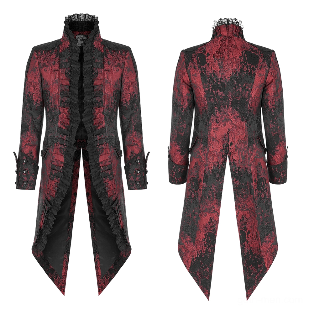 Wine red gothic coat flat lay front and rear comparison with ruffled placket and lace collar