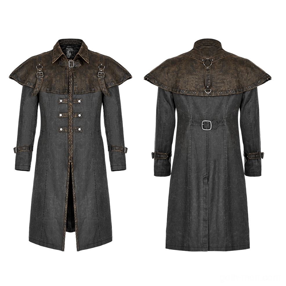 Distressed steampunk gothic tailcoat flat lay front showing two-tone gray-coffee finish, removable cuff straps, and metal button construction