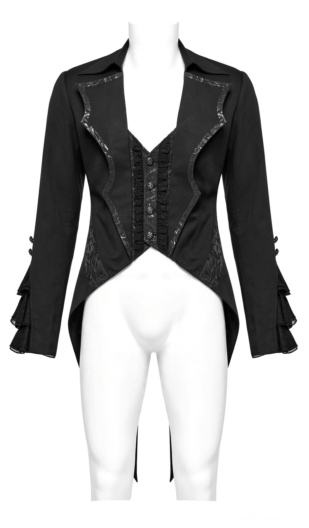 Black gothic tailcoat on white mannequin, standard front view showing full silhouette and bat collar detail