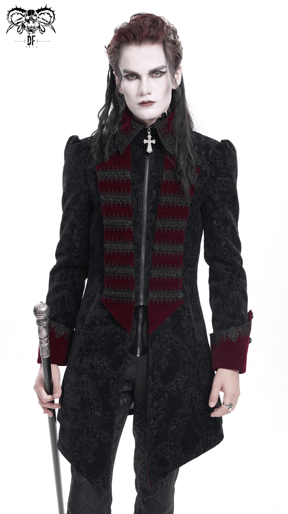 Gothic tailcoat front facing showing cross collar design and brocade fabric pattern