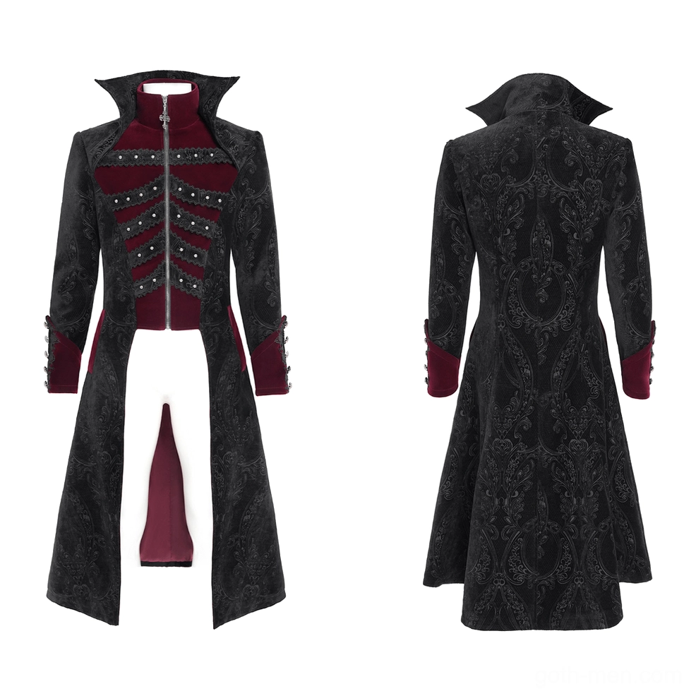 Front flat lay of black gothic tailcoat highlighting wine red velvet front panel, studded skeleton trim, and split long hem design