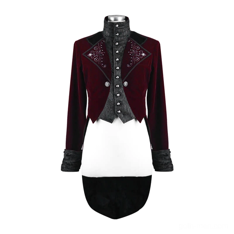 Front hanging display of gothic velvet tailcoat showing faux layered vest front design and structured silhouette