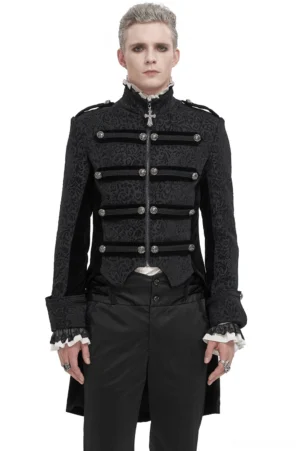 Black stand collar gothic tailcoat front view on male model with cross pendant zipper
