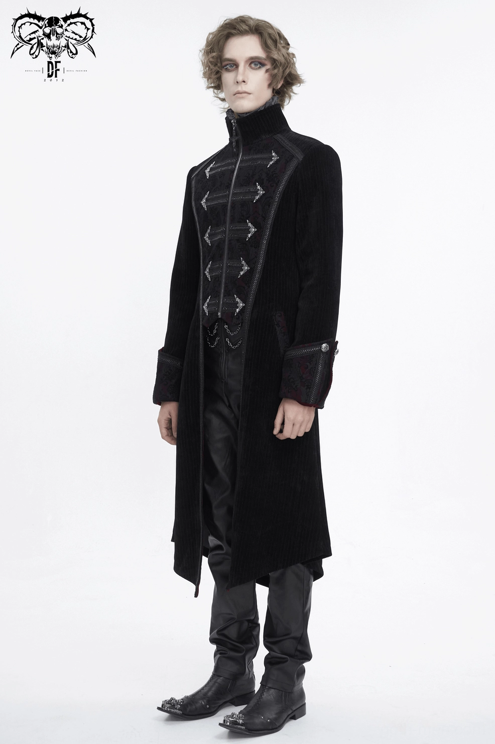 Men's black gothic embroidered velvet tailcoat front view detail of neckline and placket