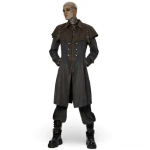 Distressed gothic tailcoat front view on male model showing fitted silhouette, detachable shoulder cape with buckles, and double-breasted metal button construction