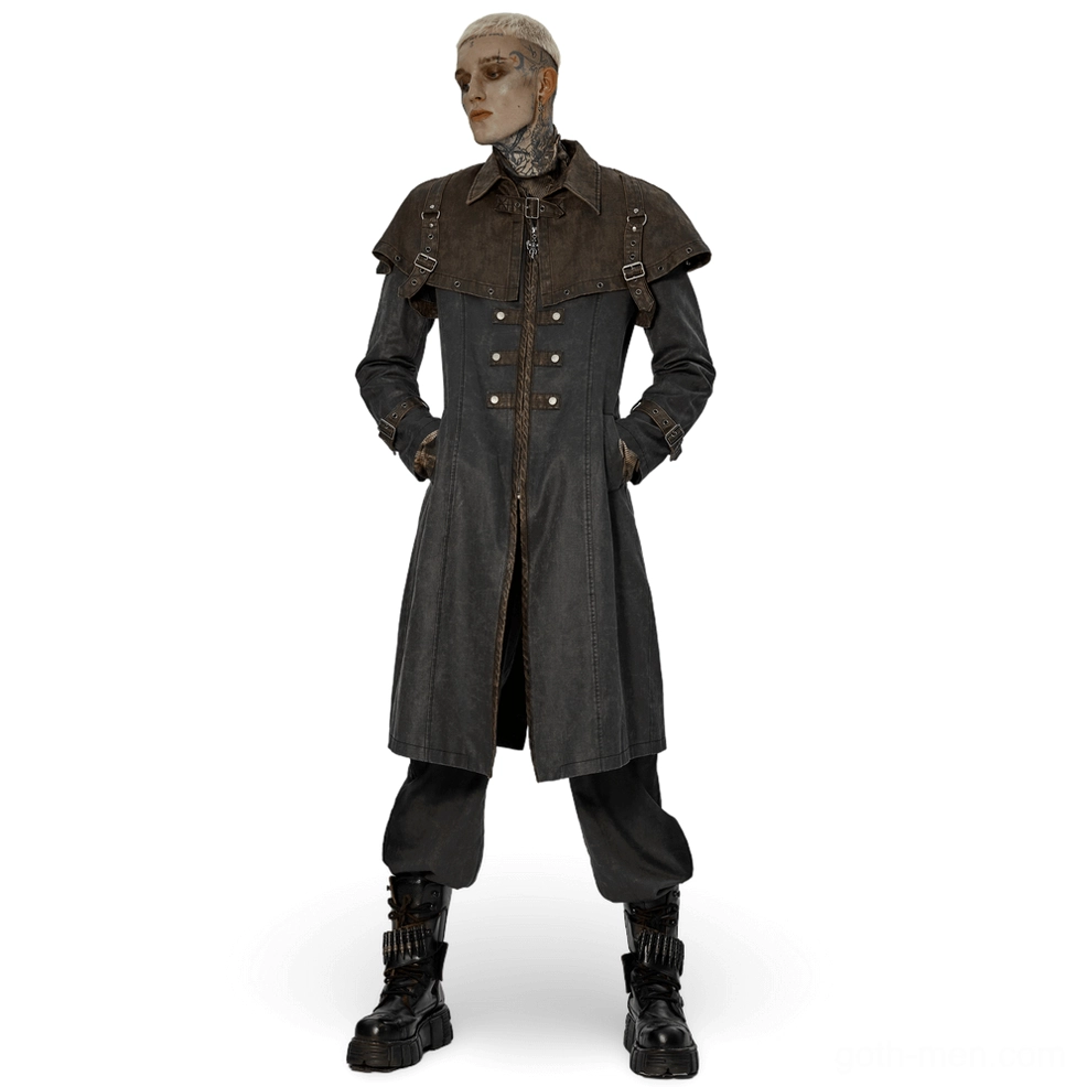 Distressed gothic tailcoat front view on male model showing fitted silhouette, detachable shoulder cape with buckles, and double-breasted metal button construction