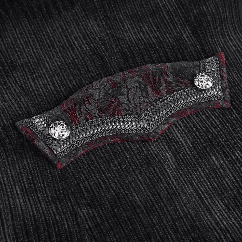Black velvet gothic tailcoat full length rear view with split hem and decorative elements
