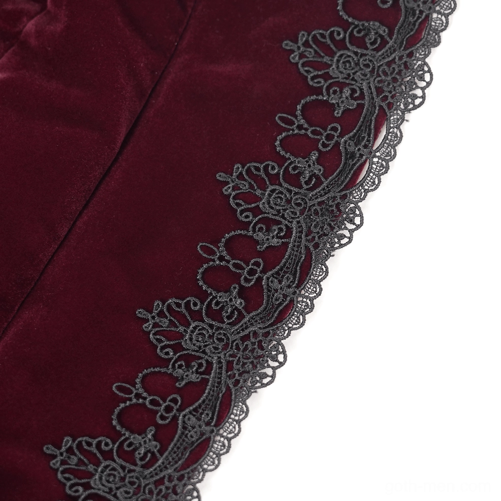 Full length gothic tailcoat silhouette showing dramatic lines and burgundy accent panels
