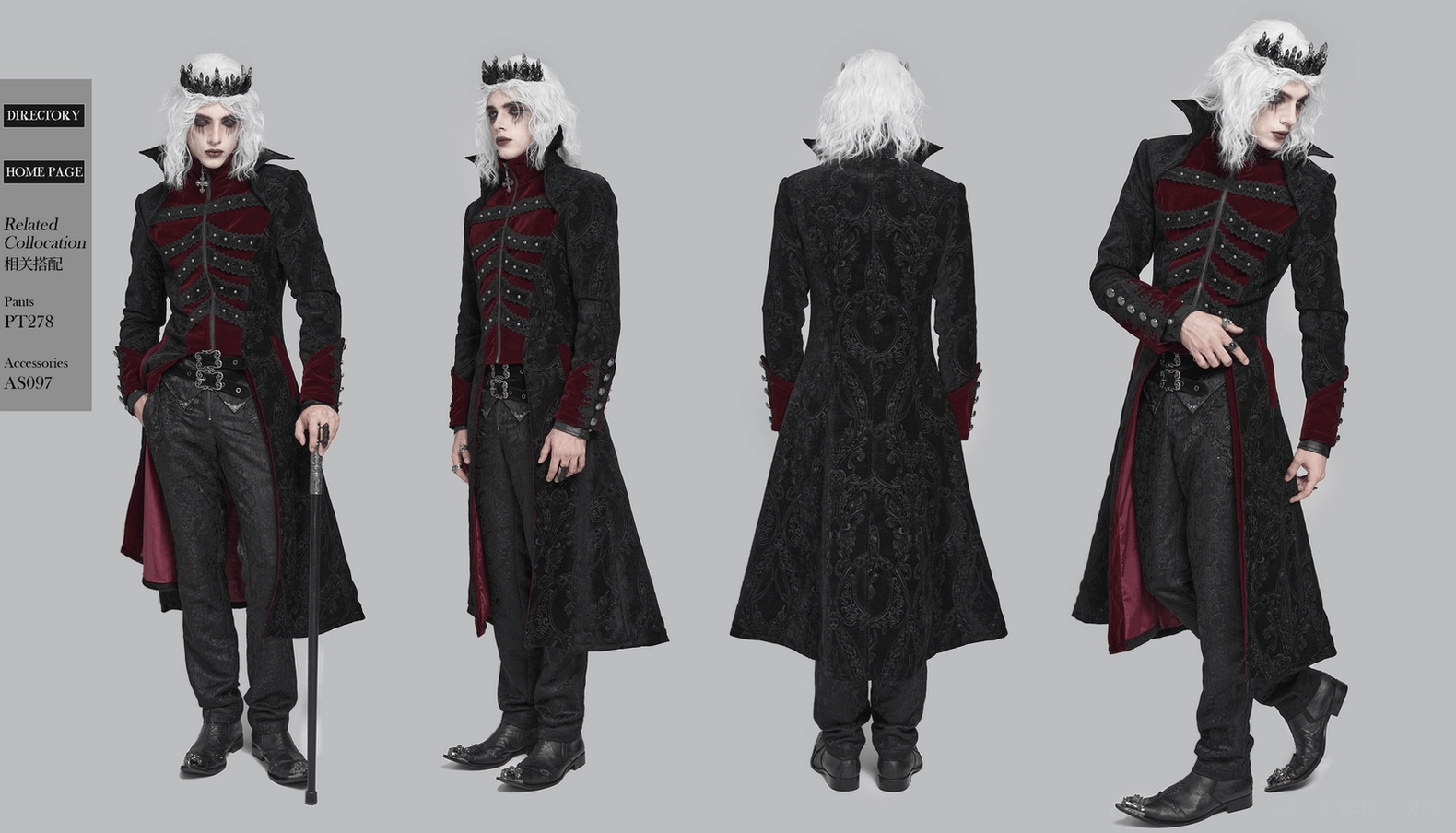 Gothic tailcoat hem and lower body detail showing the long flared silhouette, strategic side slits, and wine red lining accent