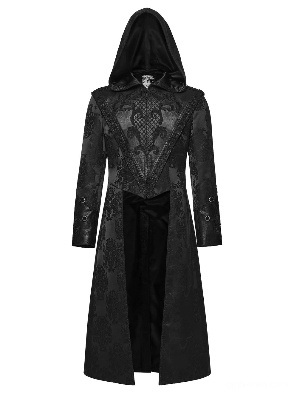 Front flat lay view of gothic jacquard tailcoat showing attached dramatic hood and front panel design