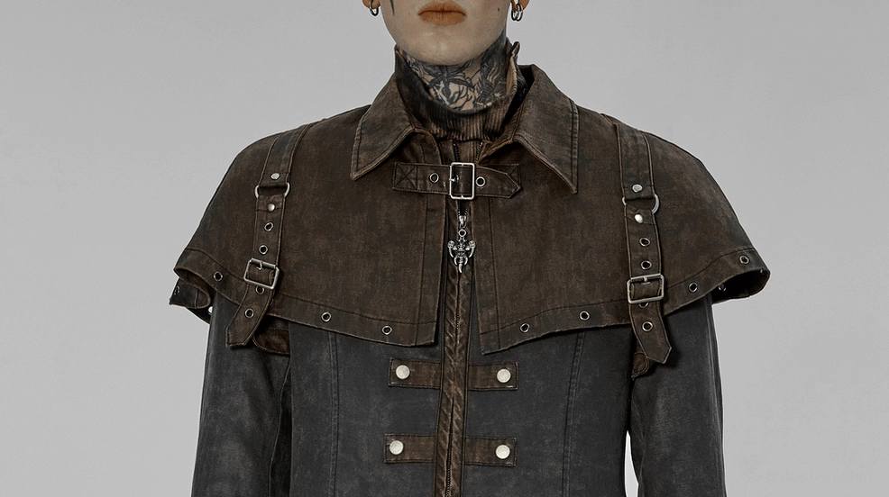 Distressed gothic tailcoat interior construction showing polyester lining, seam work, and detachable hardware attachment system
