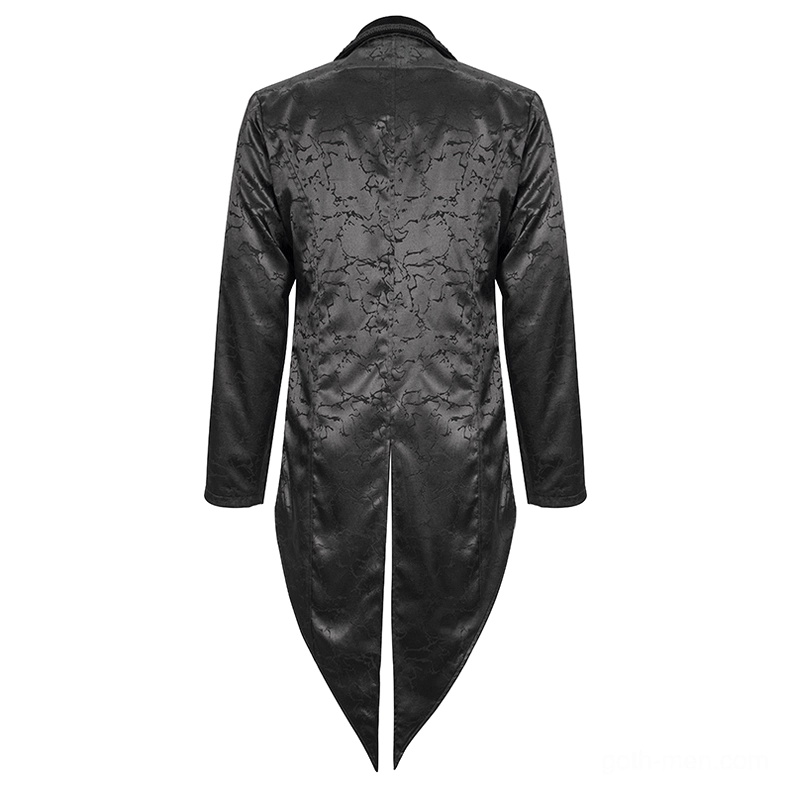 Gothic men's tailcoat jacket rear view on mannequin, showcasing tonal jacquard texture and split back tail construction