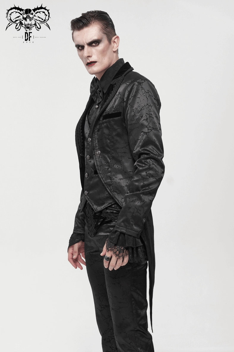 Gothic tailcoat jacket detail shot, capturing jacquard weave and collar velvet trim construction