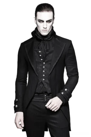 Black Victorian tailcoat gothic jacket front three-quarter view on male model, slim-fit formal wear with peak lapels