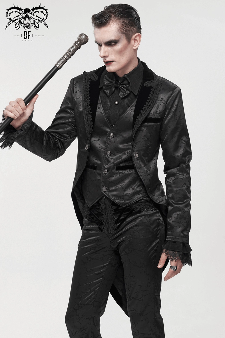 Gothic men's tailcoat suit styling detail, showing lace cuff trim and sleeve construction on model