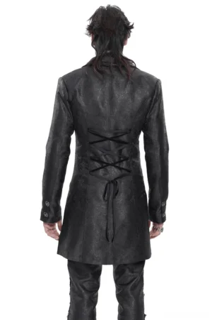 Victorian gothic tailcoat with lace-up corset back - rear full body studio shot showing extended back panels and lace-up corset detailing