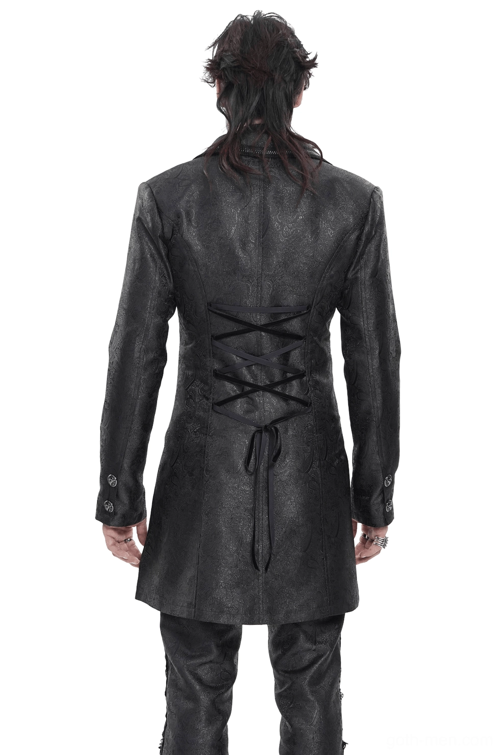 Victorian gothic tailcoat with lace-up corset back - rear full body studio shot showing extended back panels and lace-up corset detailing
