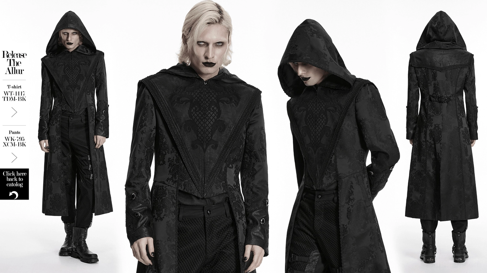 Gothic men's hooded jacquard tailcoat featuring leather accents and gemstone cuff buckles detail