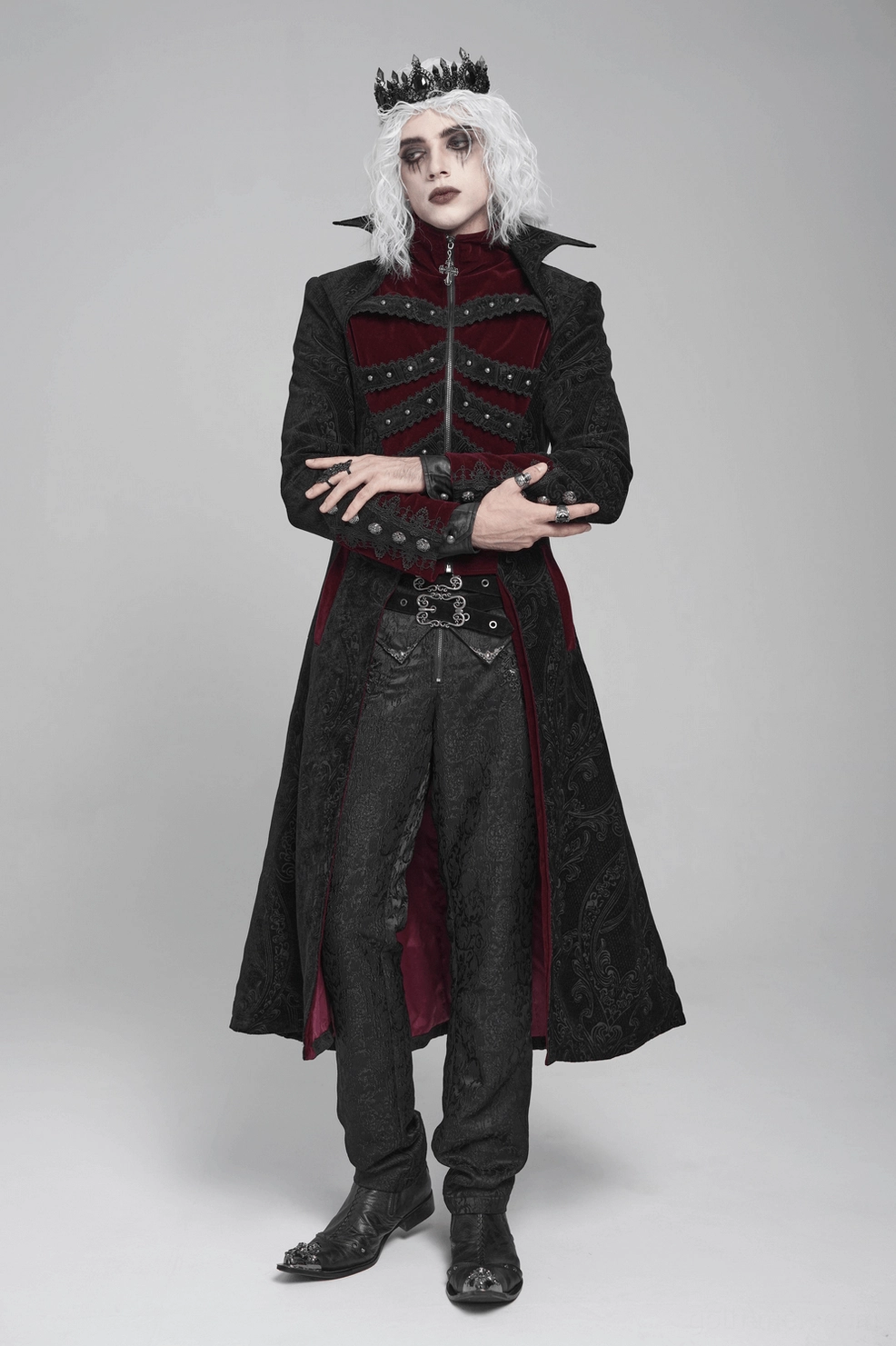 Alternative angle of gothic Victorian tailcoat on display mannequin highlighting wine red panel details and overall coat structure