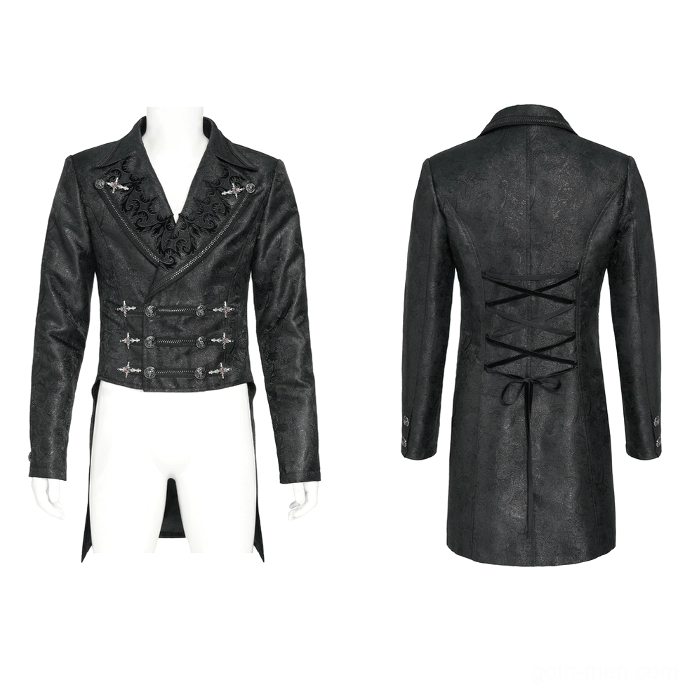 Black gothic tailcoat jacket displayed on mannequin - front and back split view showing cross buckles and asymmetrical hem design