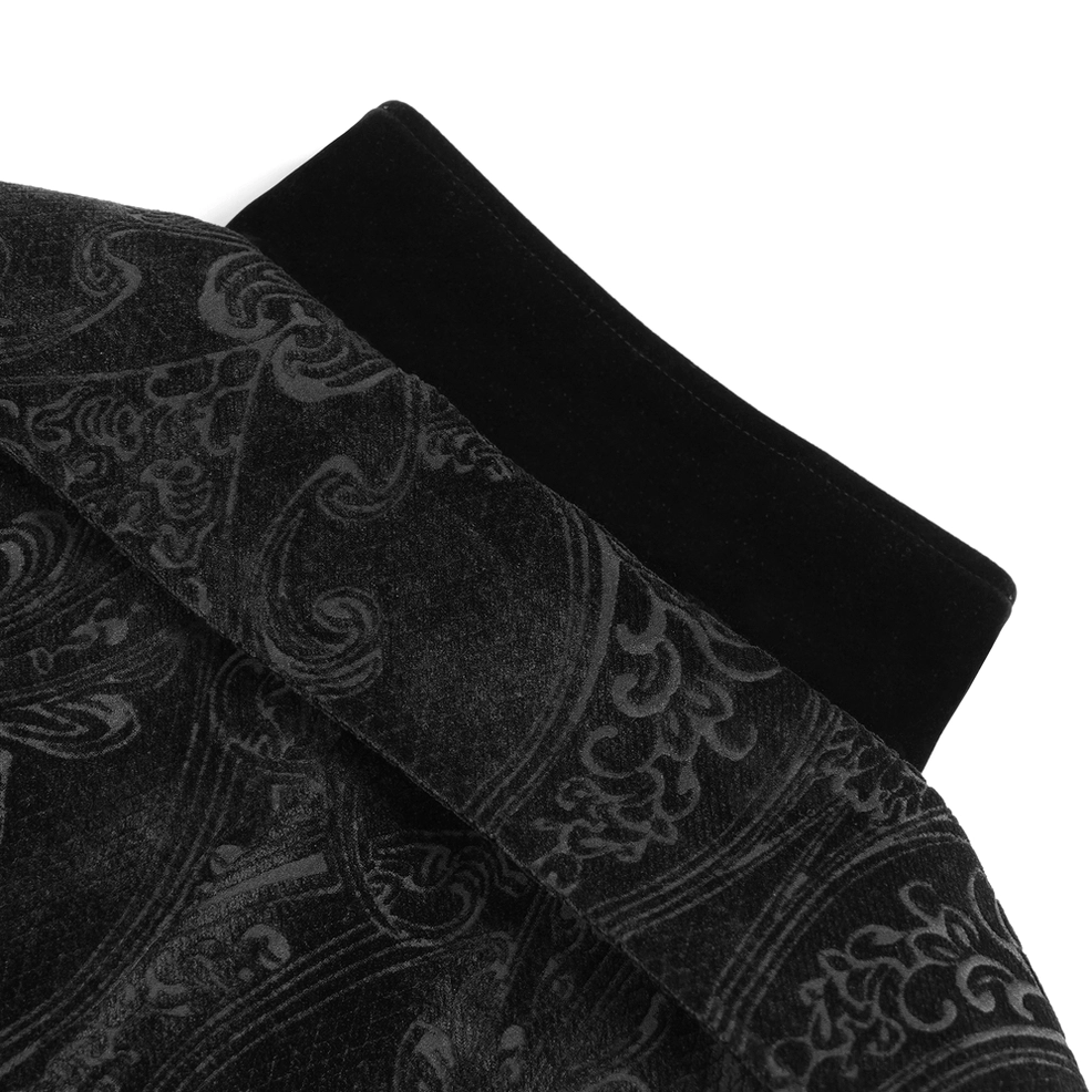 Black Victorian gothic tailcoat button and cuff detail showing metal fasteners and tailored sleeve construction