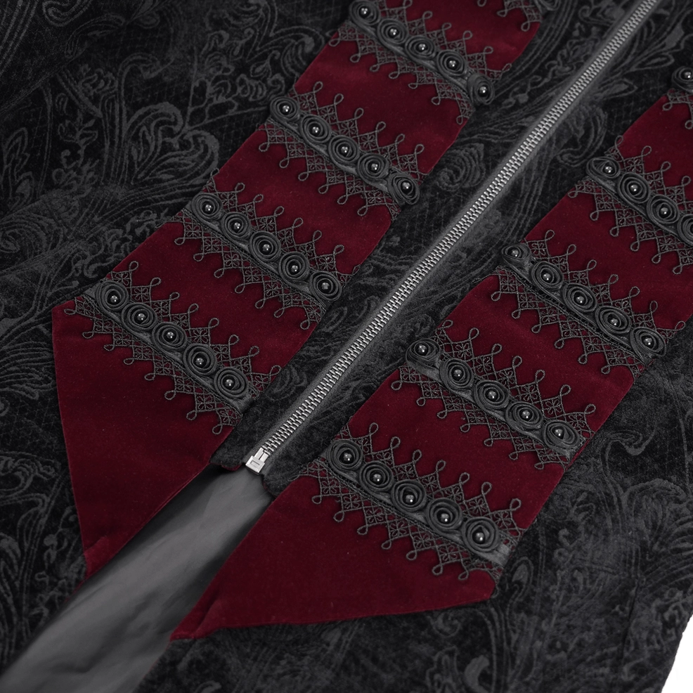 Gothic tailcoat metal zipper detail with red velvet inlay - front closure mechanism