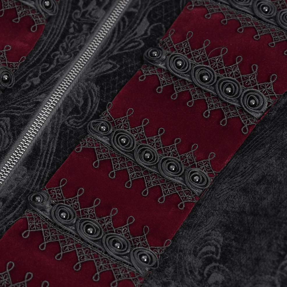 Decorative panel close-up of gothic tailcoat showing ornate button trim and embroidered lace details