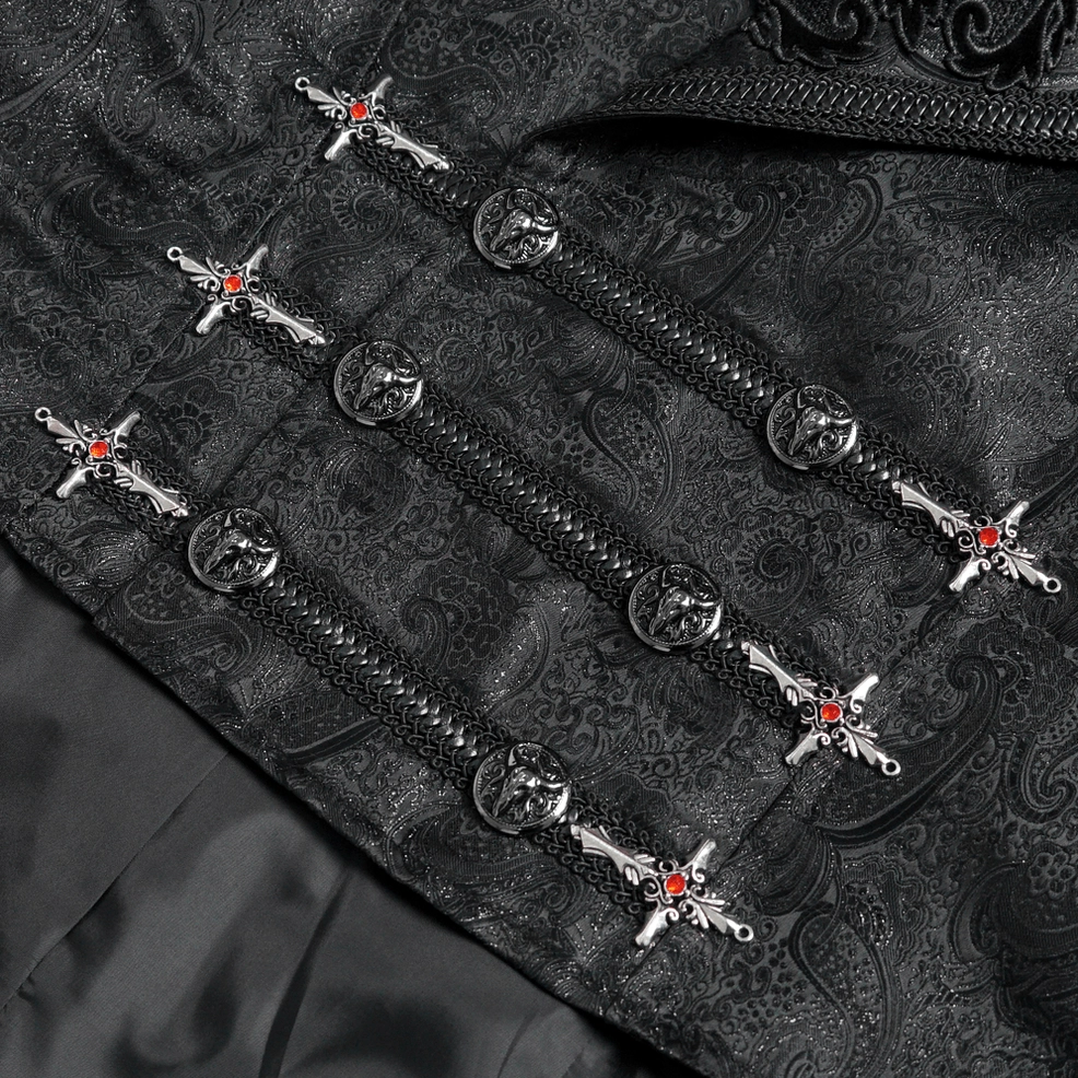 Victorian gothic tailcoat with cross buckle closure system - detailed view of ornate fastening hardware and jacket front panel