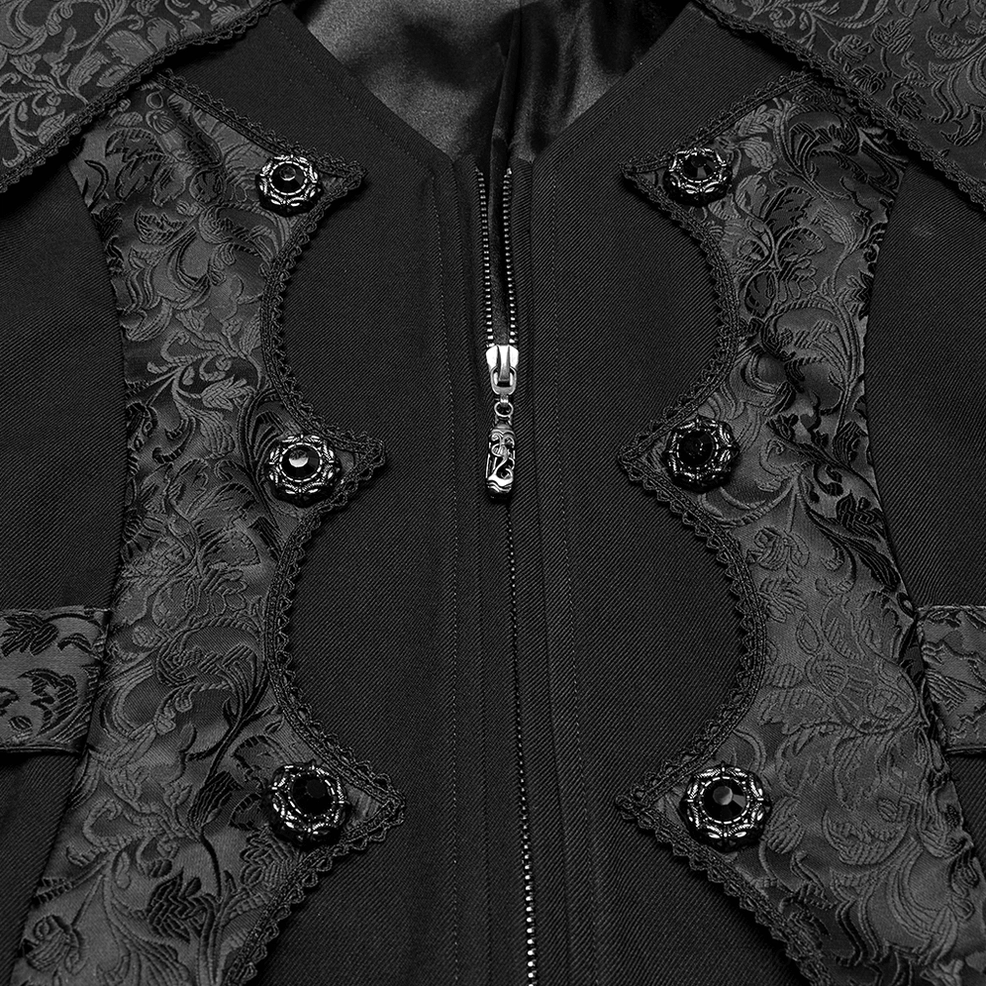 Close-up of gothic tailcoat front placket showing skull-themed zipper and ornate metal buttons