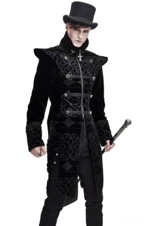 Black gothic velvet tailcoat front view with pointed shoulders, engraved silver buttons, and split tail hem on male model
