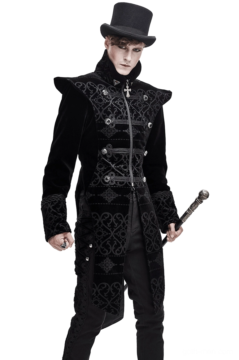 Black gothic velvet tailcoat front view with pointed shoulders, engraved silver buttons, and split tail hem on male model