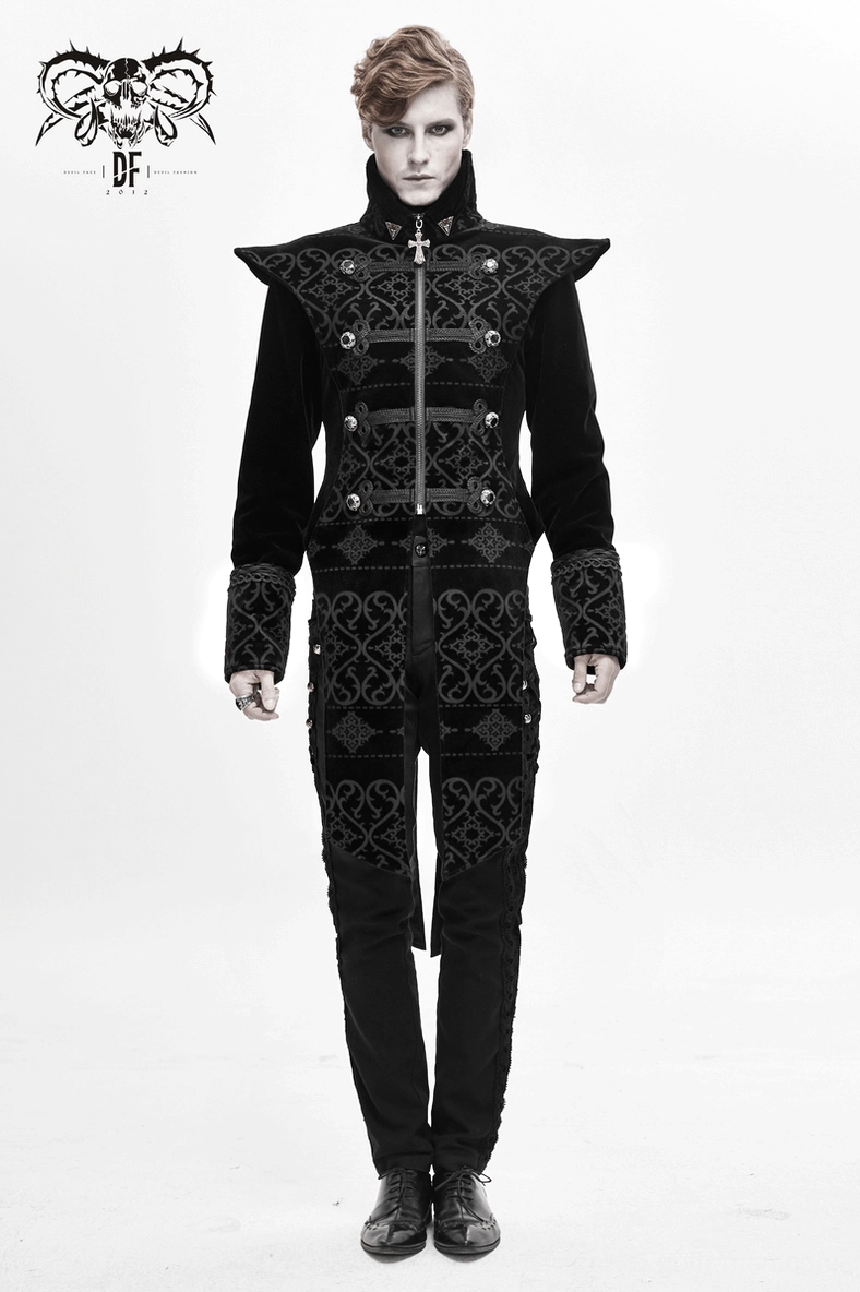 Black gothic tailcoat front profile with high stand collar, pointed shoulders, and split tail hem detail