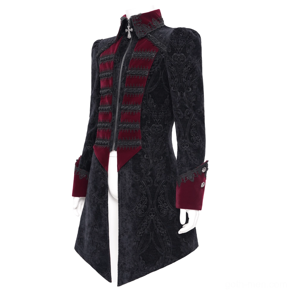 Gothic tailcoat with puffed sleeves and decorative details on dress form - black wine red color scheme