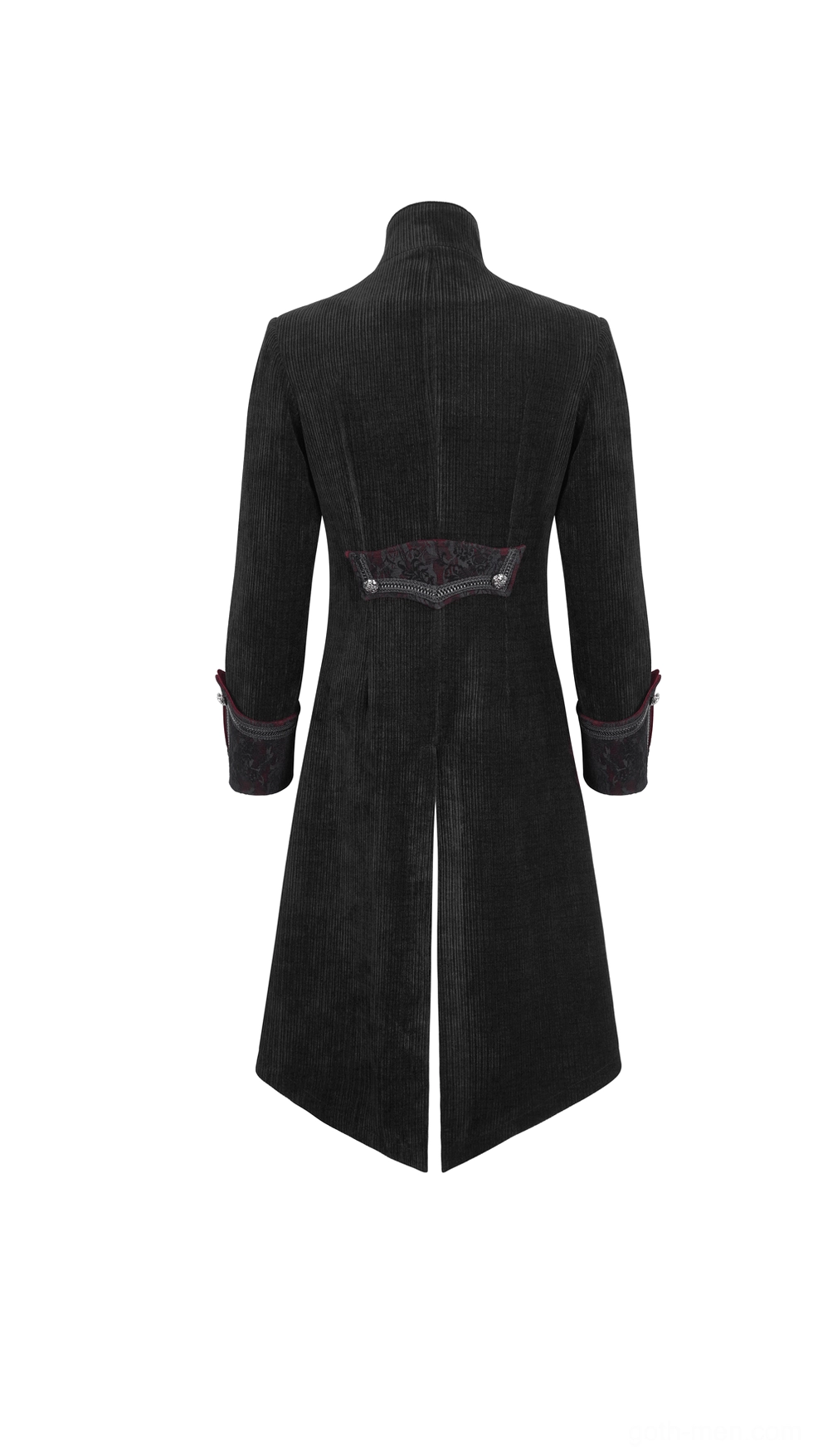 Rear view of black gothic tailcoat with ornate waist decoration and split back hemline